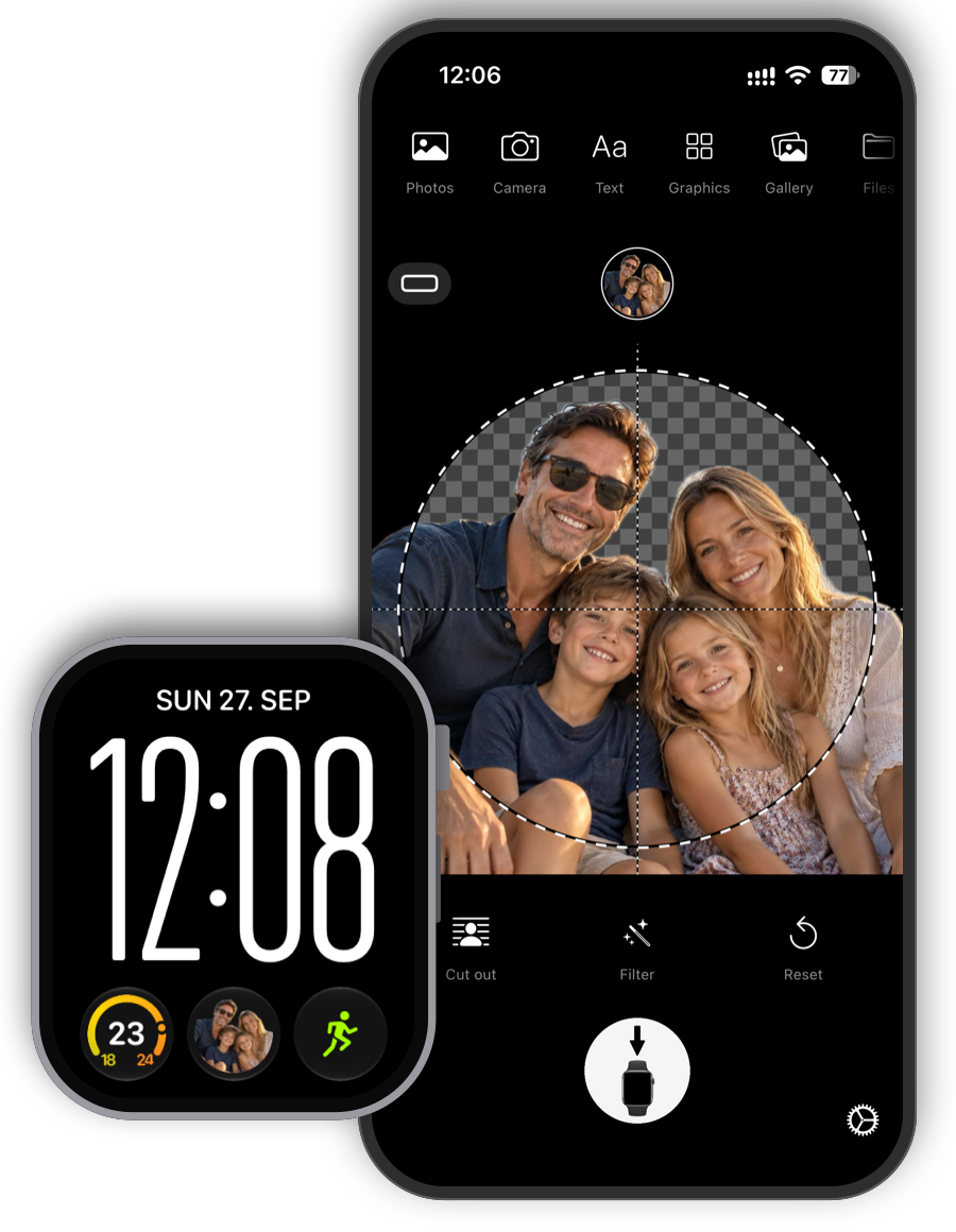 iPhone with a cut-out family photo, next to an Apple Watch showing the photo in a complication