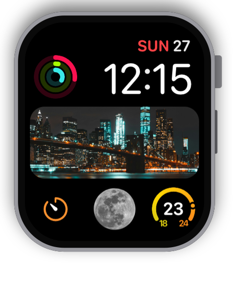 Modular watch face with a city at night and the moon