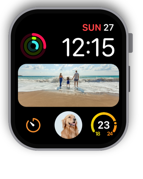 Modular watch face with a family on the beach and a dog