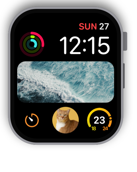 Modular watch face with ocean waves and a cat